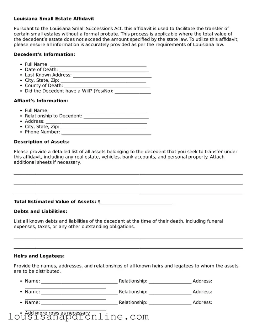 Legal Small Estate Affidavit Form for the State of Louisiana