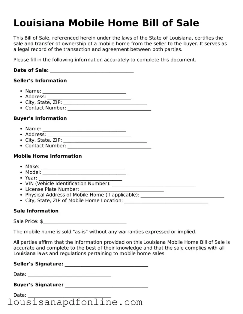 Legal Mobile Home Bill of Sale Form for the State of Louisiana