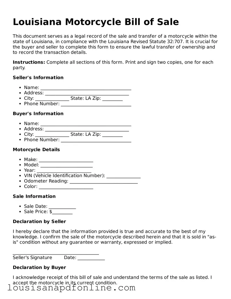 Legal Motorcycle Bill of Sale Form for the State of Louisiana