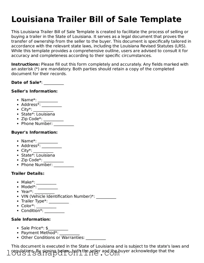 Legal Trailer Bill of Sale Form for the State of Louisiana