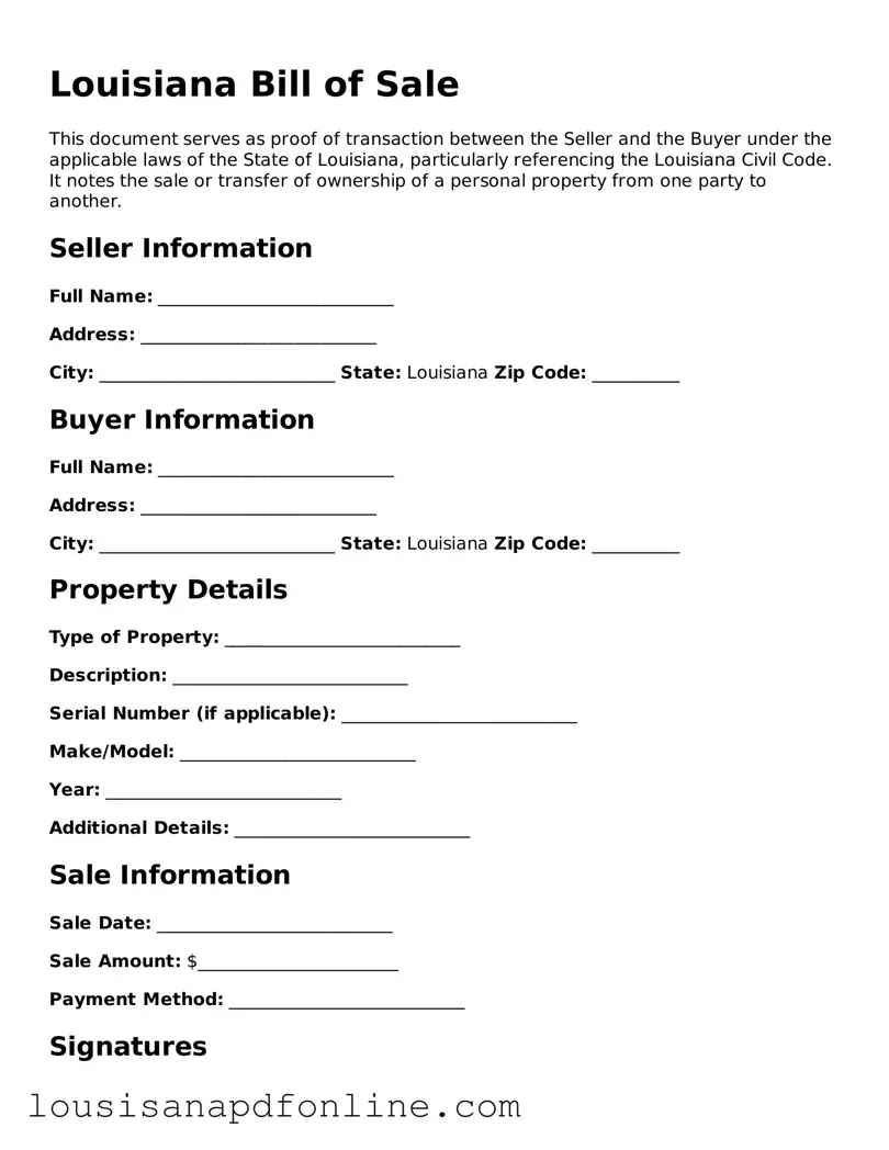 Legal Bill of Sale Form for the State of Louisiana