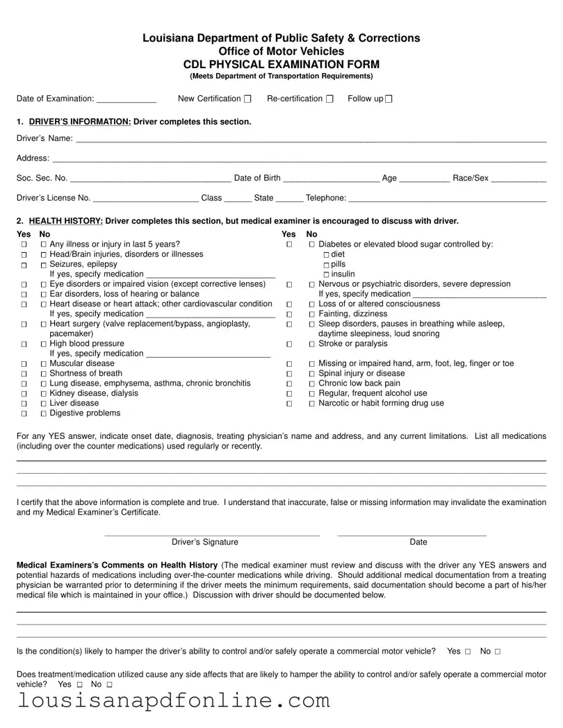 Free Louisiana Cdl Physical Form