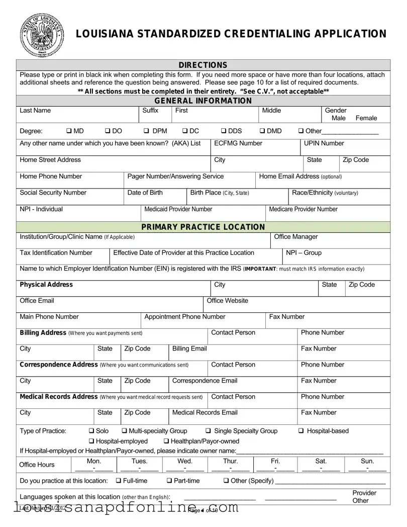 Free Louisiana Credentialing Application Form