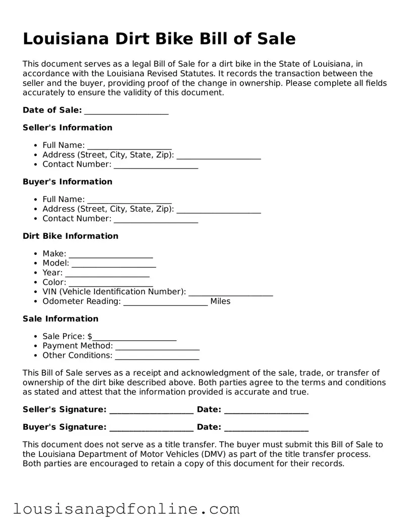 Legal Dirt Bike Bill of Sale Form for the State of Louisiana
