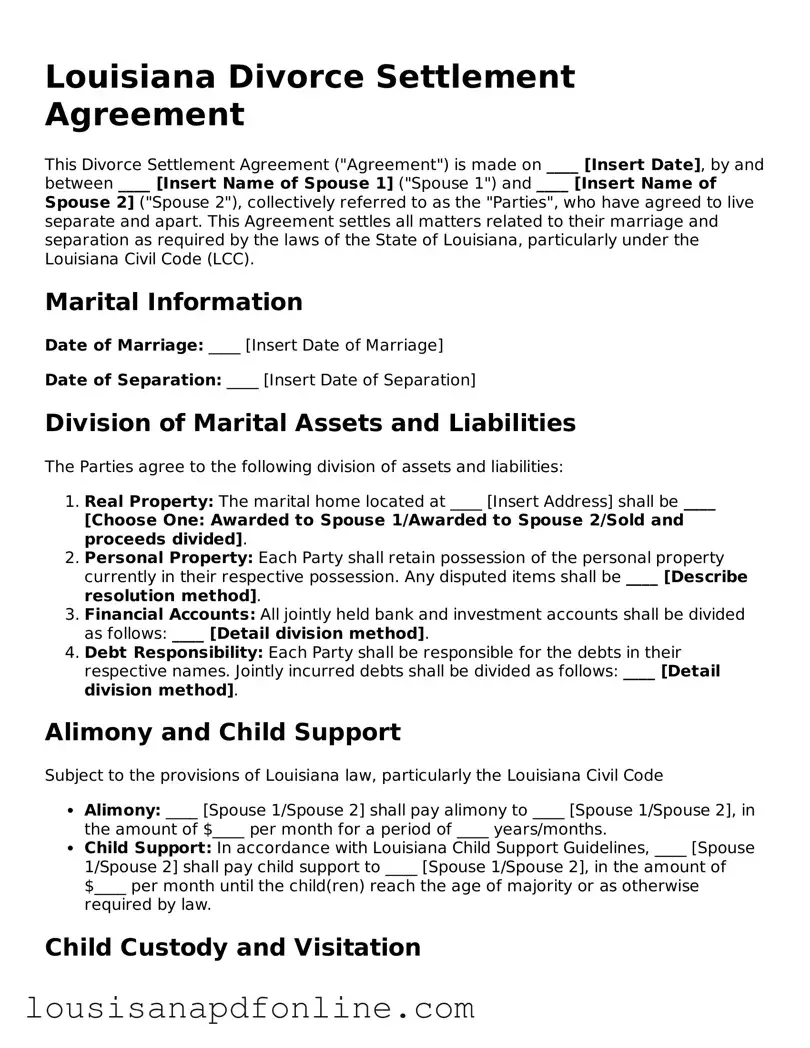 Legal Divorce Settlement Agreement Form for the State of Louisiana