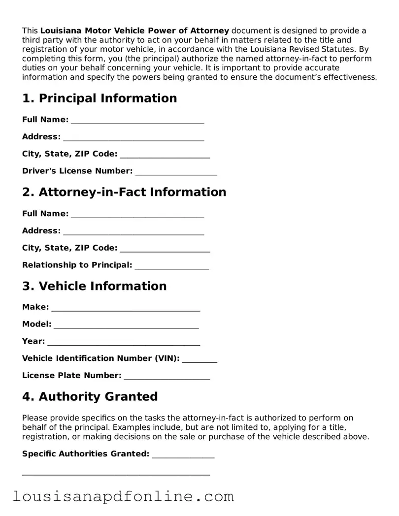 Legal Motor Vehicle Power of Attorney Form for the State of Louisiana