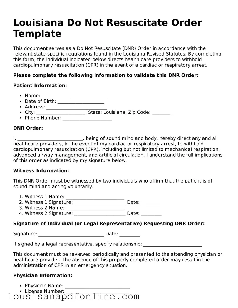 Legal Do Not Resuscitate Order Form for the State of Louisiana