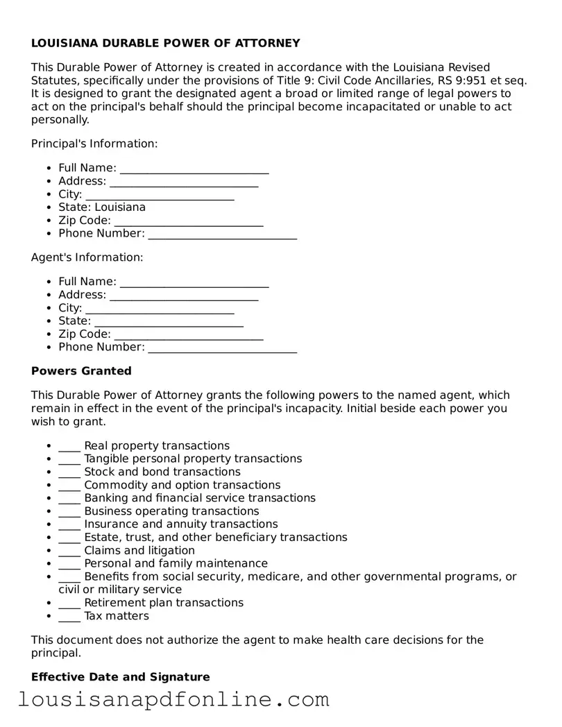 Legal Durable Power of Attorney Form for the State of Louisiana