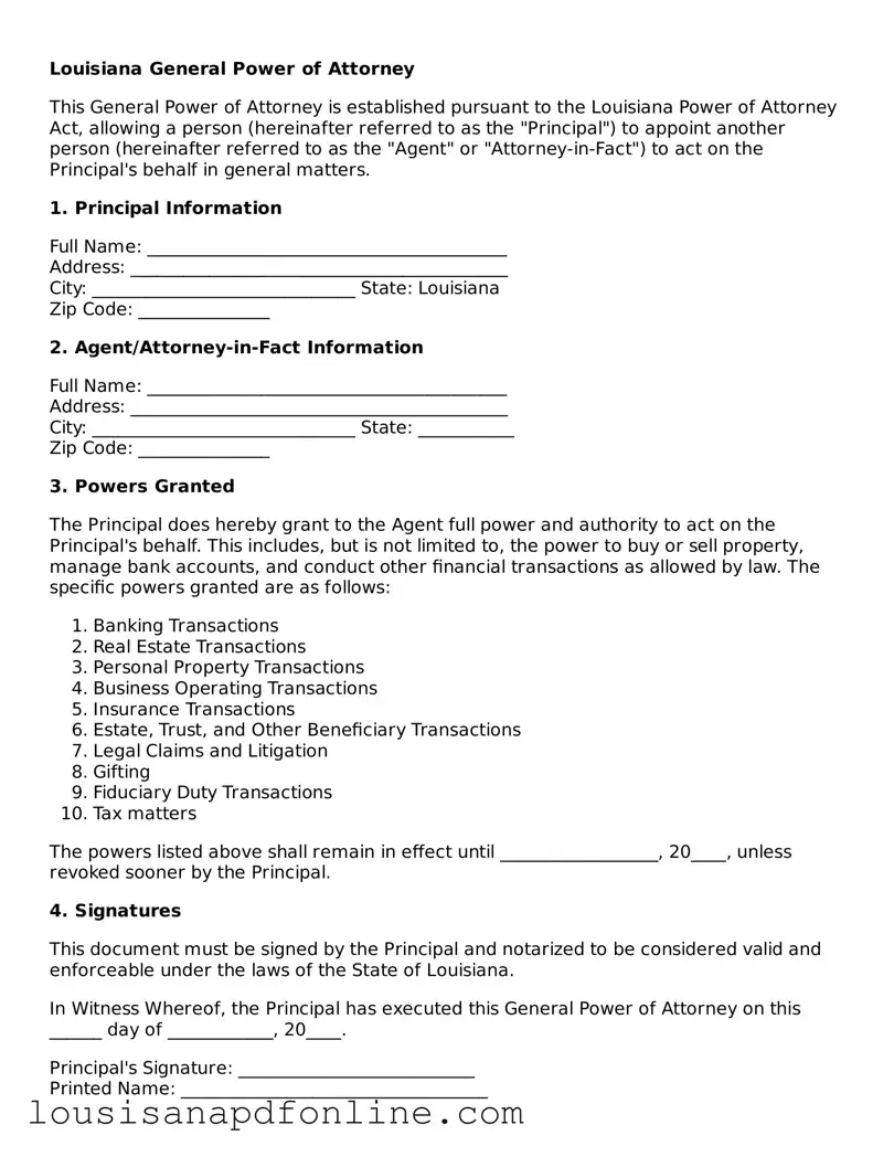 Legal General Power of Attorney Form for the State of Louisiana