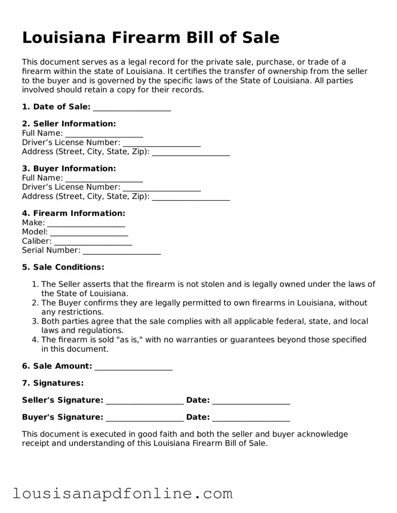 Legal Firearm Bill of Sale Form for the State of Louisiana