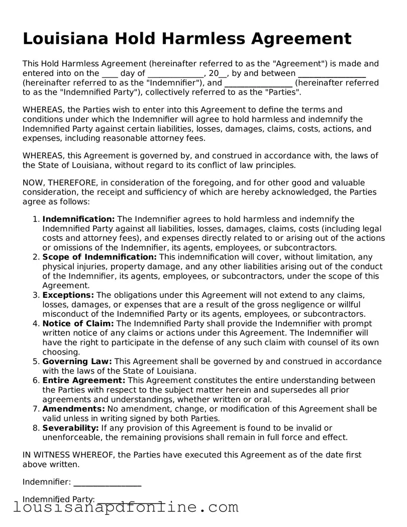 Legal Hold Harmless Agreement Form for the State of Louisiana