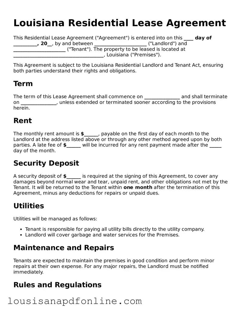 Legal Residential Lease Agreement Form for the State of Louisiana