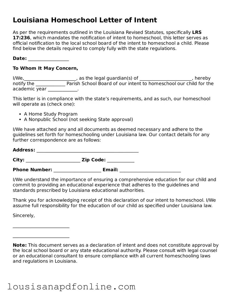Legal Homeschool Letter of Intent Form for the State of Louisiana