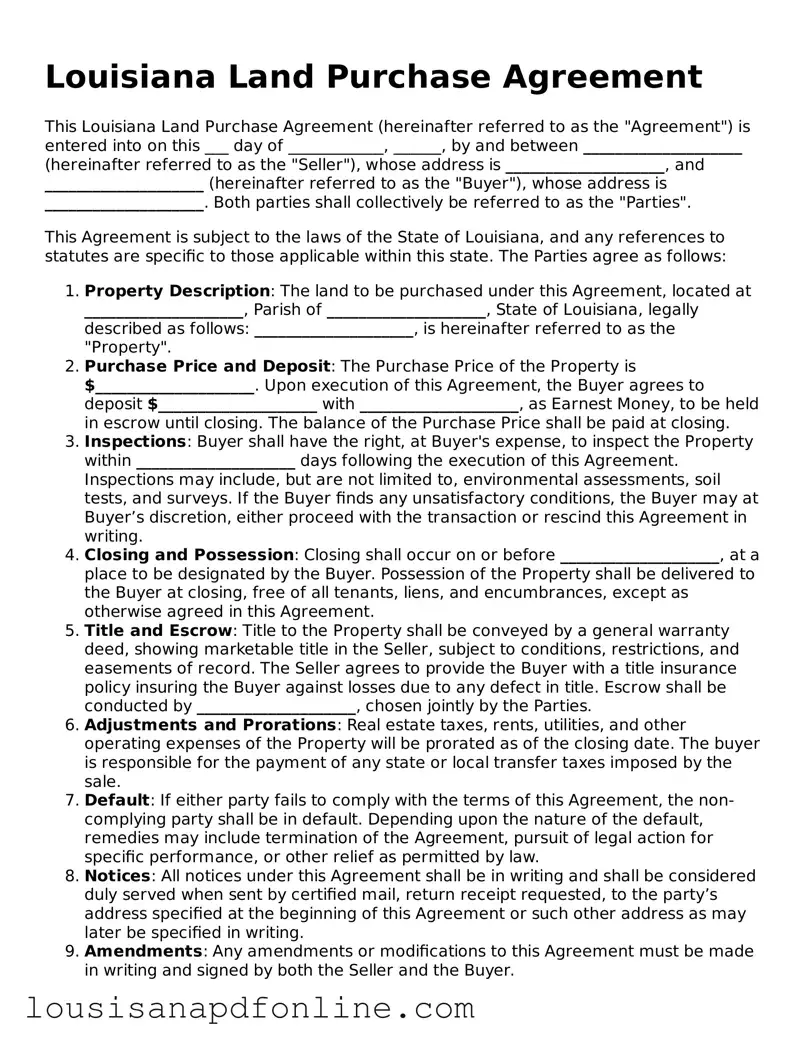 Legal Land Purchase Agreement Form for the State of Louisiana
