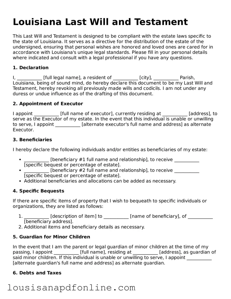 Legal Last Will and Testament Form for the State of Louisiana