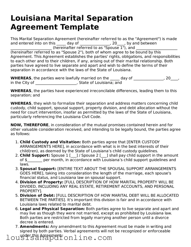 Legal Marital Separation Agreement Form for the State of Louisiana