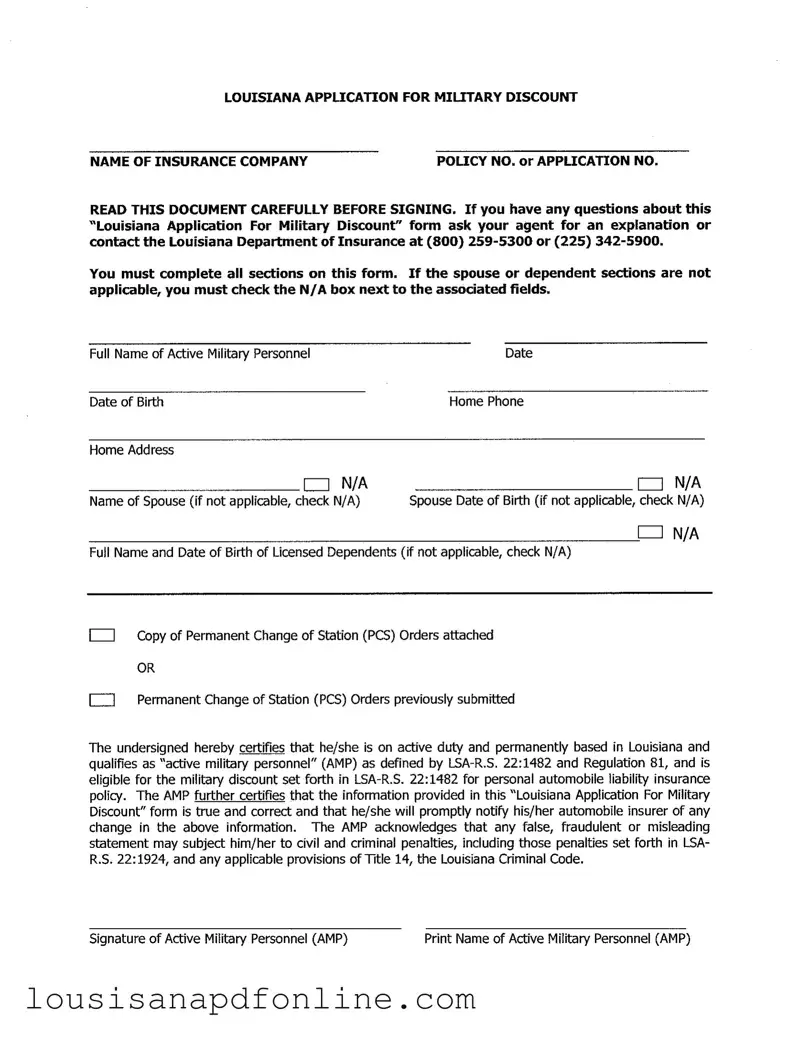 Free Louisiana Military Discount Form