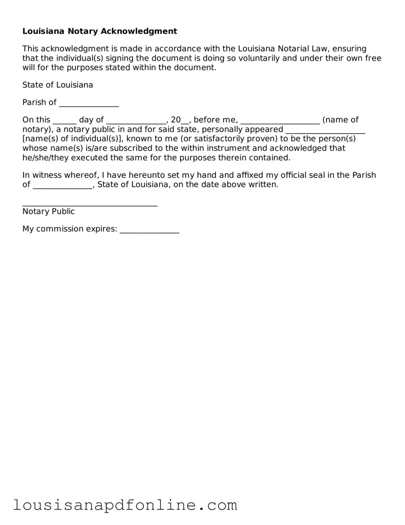 Legal Notary Acknowledgement Form for the State of Louisiana