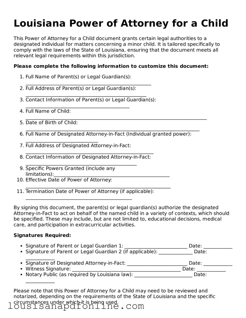 Legal Power of Attorney for a Child Form for the State of Louisiana