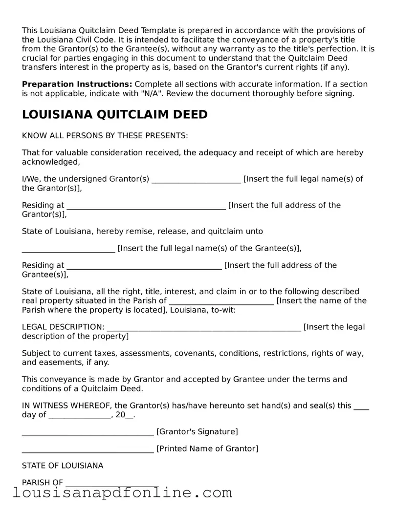Legal Quitclaim Deed Form for the State of Louisiana