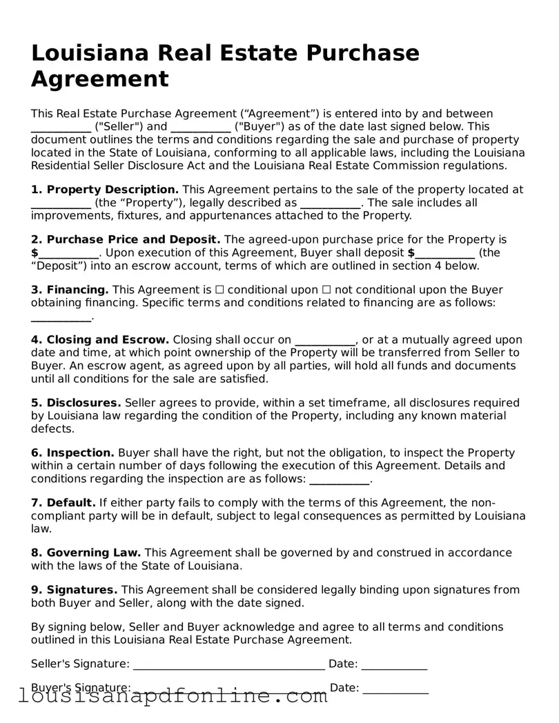Legal Real Estate Purchase Agreement Form for the State of Louisiana