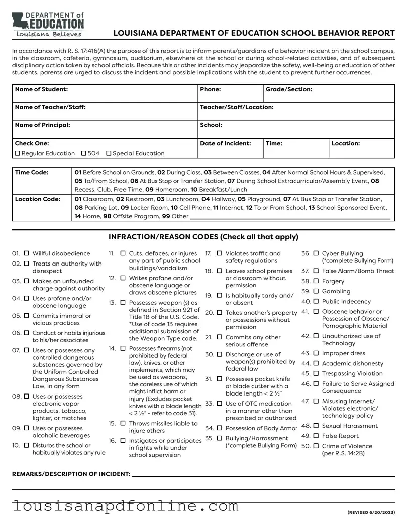 Free Louisiana School Behavior Report Form
