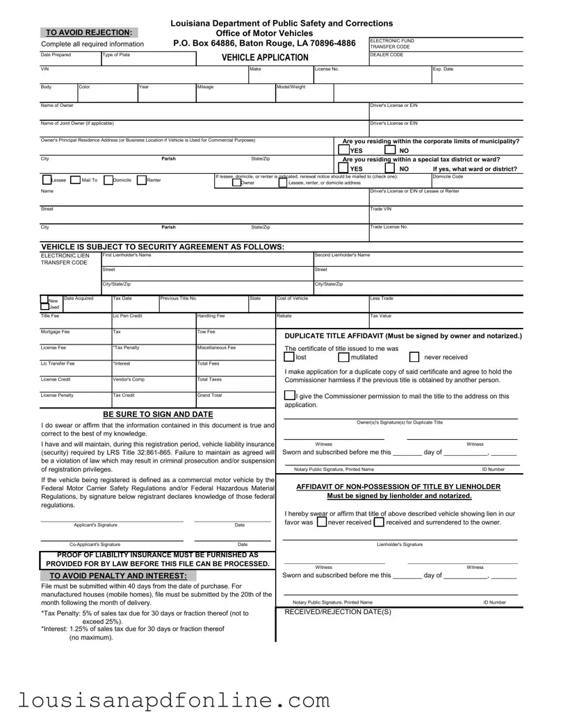 Free Louisiana Vehicle Application Form