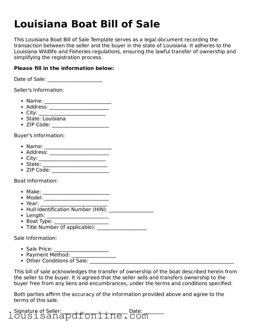 Legal Boat Bill of Sale Form for the State of Louisiana