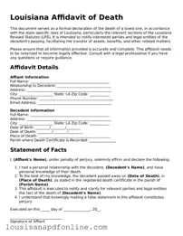 Legal Affidavit of Death Form for the State of Louisiana