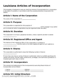 Legal Articles of Incorporation Form for the State of Louisiana