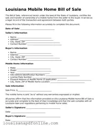 Legal Mobile Home Bill of Sale Form for the State of Louisiana