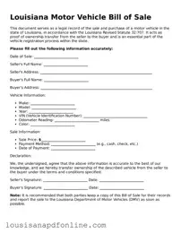 Legal Motor Vehicle Bill of Sale Form for the State of Louisiana