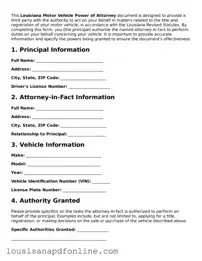Legal Motor Vehicle Power of Attorney Form for the State of Louisiana