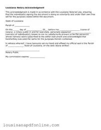 Legal Notary Acknowledgement Form for the State of Louisiana