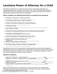 Legal Power of Attorney for a Child Form for the State of Louisiana