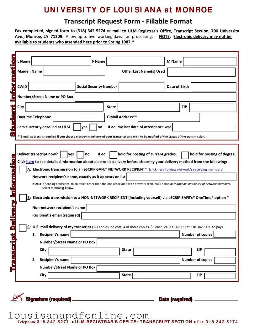 Free University Louisiana Transcript Form
